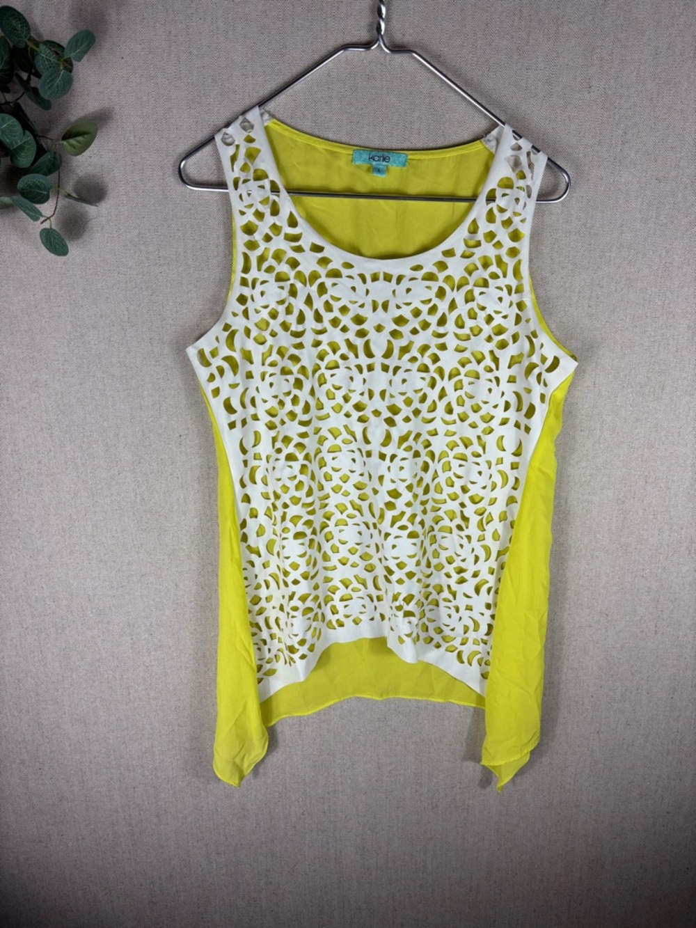 Karlie > Yellow Tank with White Laser-Cut Overlay Sleeveless Large
